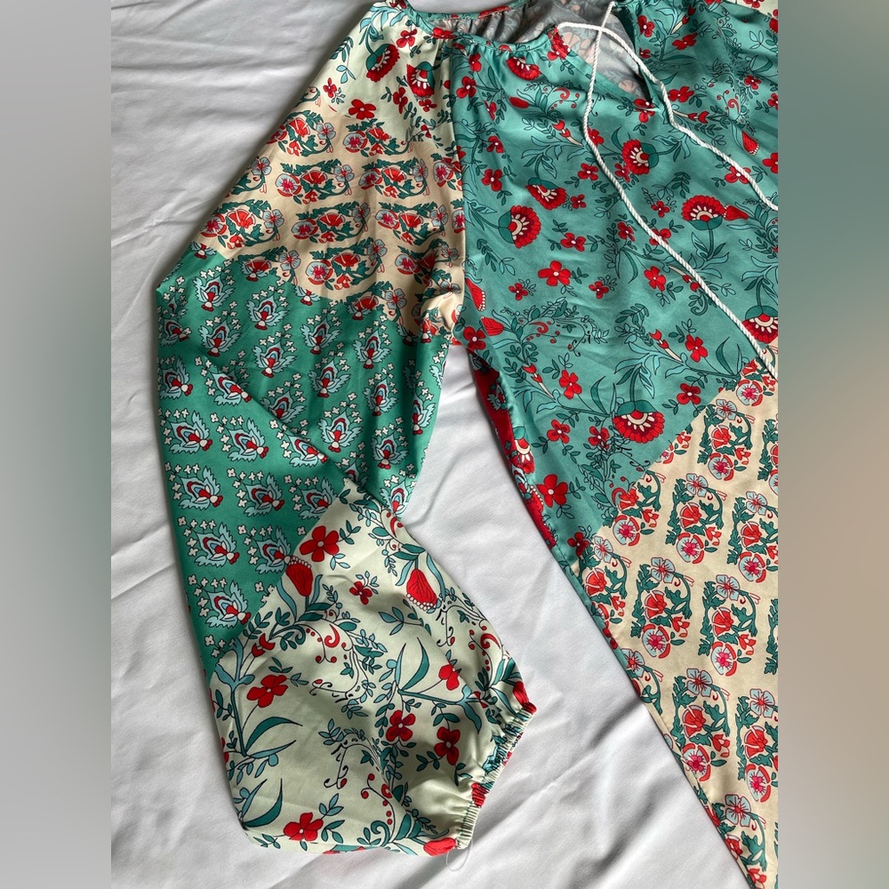 Patchwork Boho Peasant Blouse Top 2XL Floral Spring Balloon Sleeve Casual Tassel - Picture 6 of 16